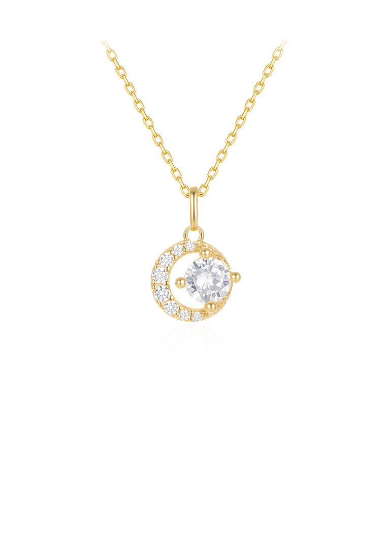 925 Sterling Silver Plated Gold Simple Bright Moon Pendant with Cubic Zirconia and Necklace - Luxurious Look