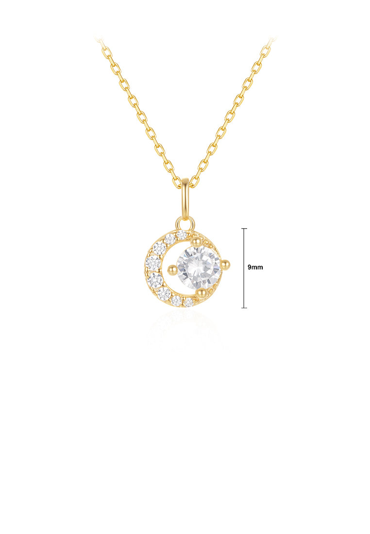 925 Sterling Silver Plated Gold Simple Bright Moon Pendant with Cubic Zirconia and Necklace - Luxurious Look