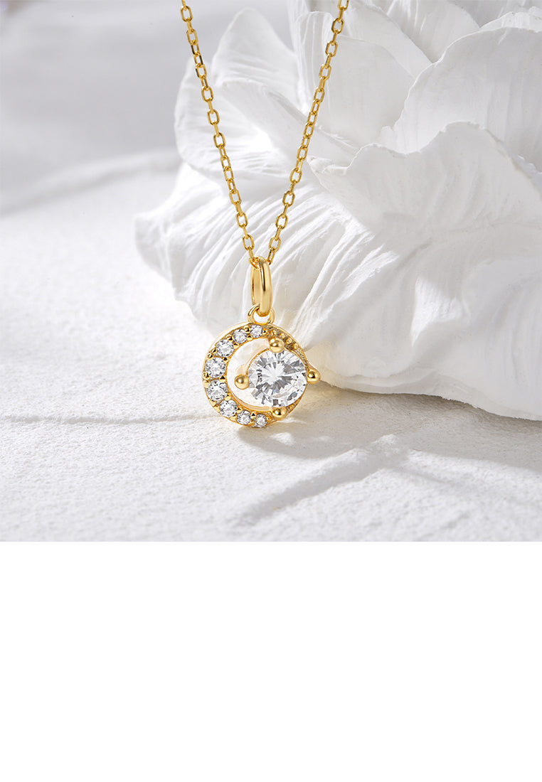 925 Sterling Silver Plated Gold Simple Bright Moon Pendant with Cubic Zirconia and Necklace - Luxurious Look