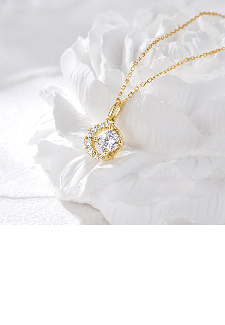 925 Sterling Silver Plated Gold Simple Bright Moon Pendant with Cubic Zirconia and Necklace - Luxurious Look