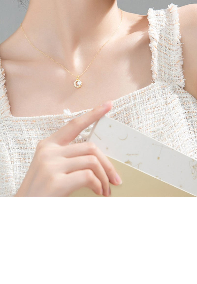 925 Sterling Silver Plated Gold Simple Bright Moon Pendant with Cubic Zirconia and Necklace - Luxurious Look