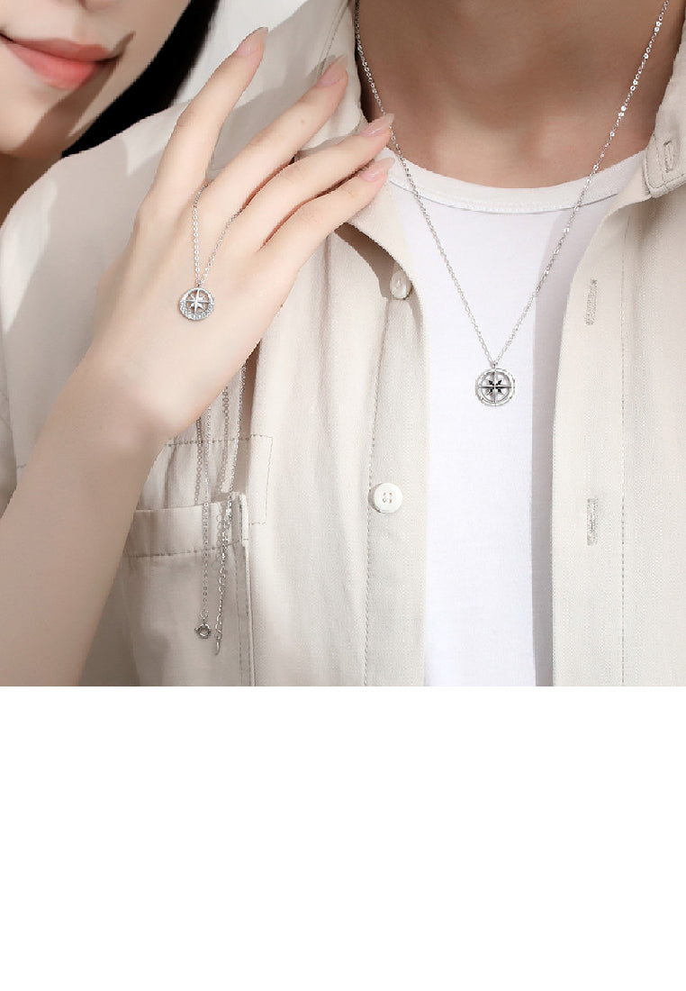 925 Sterling Silver Fashion Temperament Eight-pointed Star Hollow Round Couple Pendant with Necklace