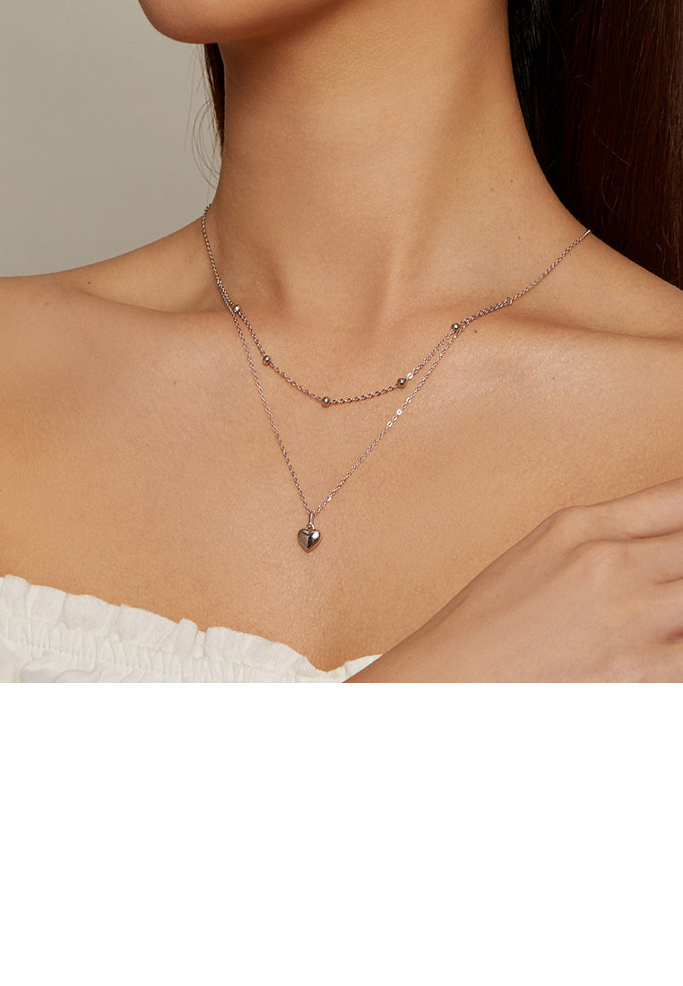 925 Sterling Silver Fashion Simple Heart Pendant with Double Layer Necklace