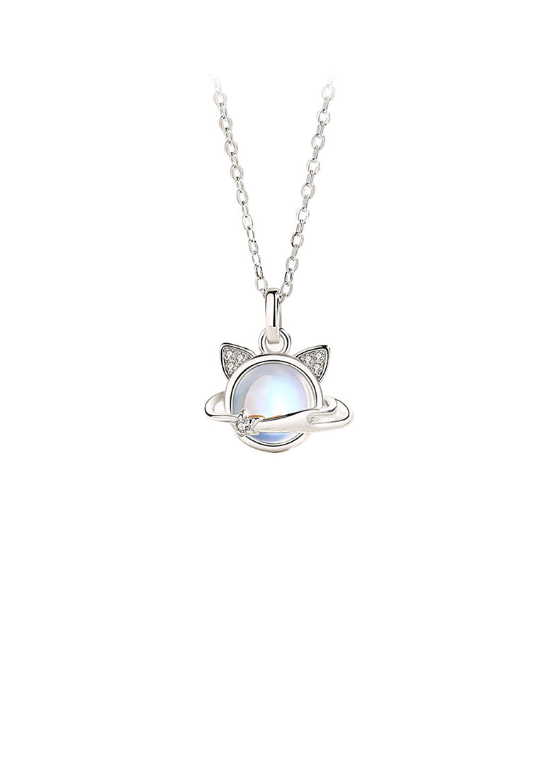 925 Sterling Silver Cute Creative Cat Planet Moonstone Pendant with Cubic Zirconia and Necklace - Luxurious Look