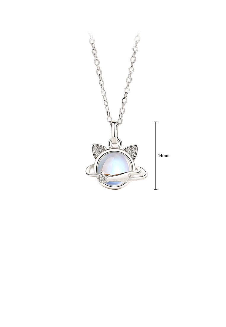 925 Sterling Silver Cute Creative Cat Planet Moonstone Pendant with Cubic Zirconia and Necklace - Luxurious Look