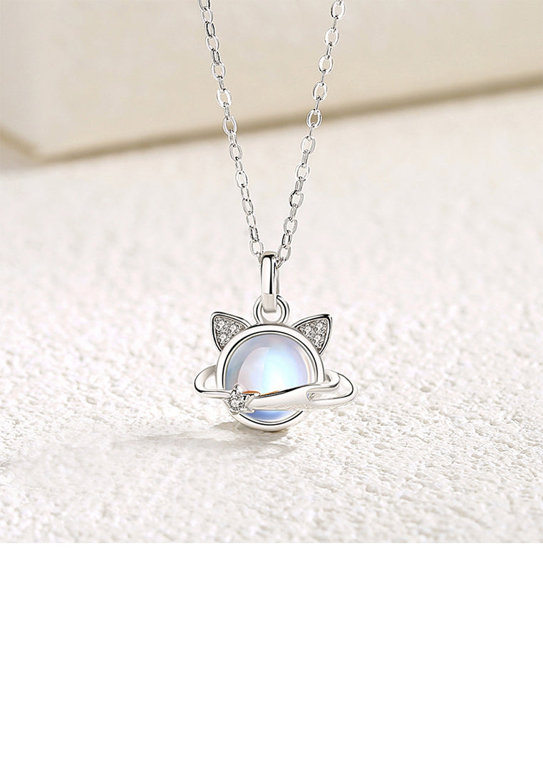 925 Sterling Silver Cute Creative Cat Planet Moonstone Pendant with Cubic Zirconia and Necklace - Luxurious Look
