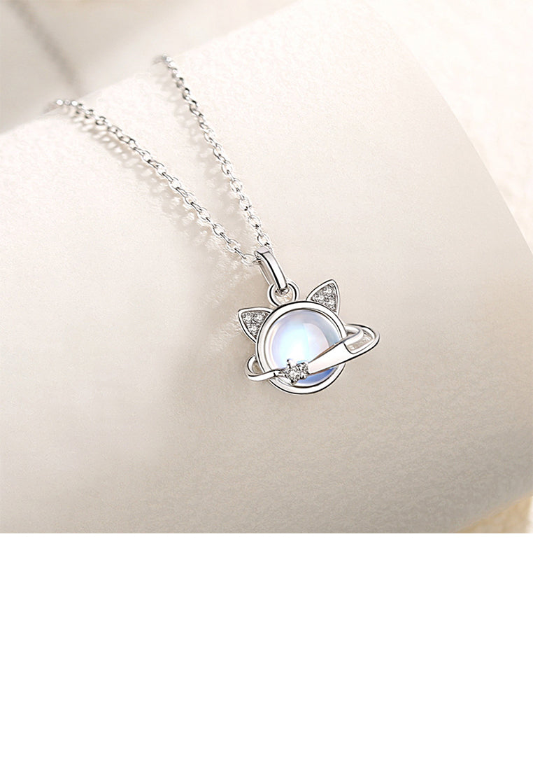 925 Sterling Silver Cute Creative Cat Planet Moonstone Pendant with Cubic Zirconia and Necklace - Luxurious Look