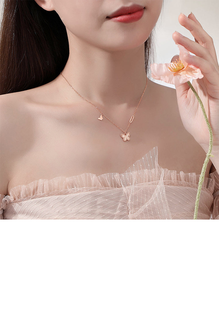 925 Sterling Silver Plated Rose Gold Fashion Temperament Butterfly Sparkling Pendant with Necklace