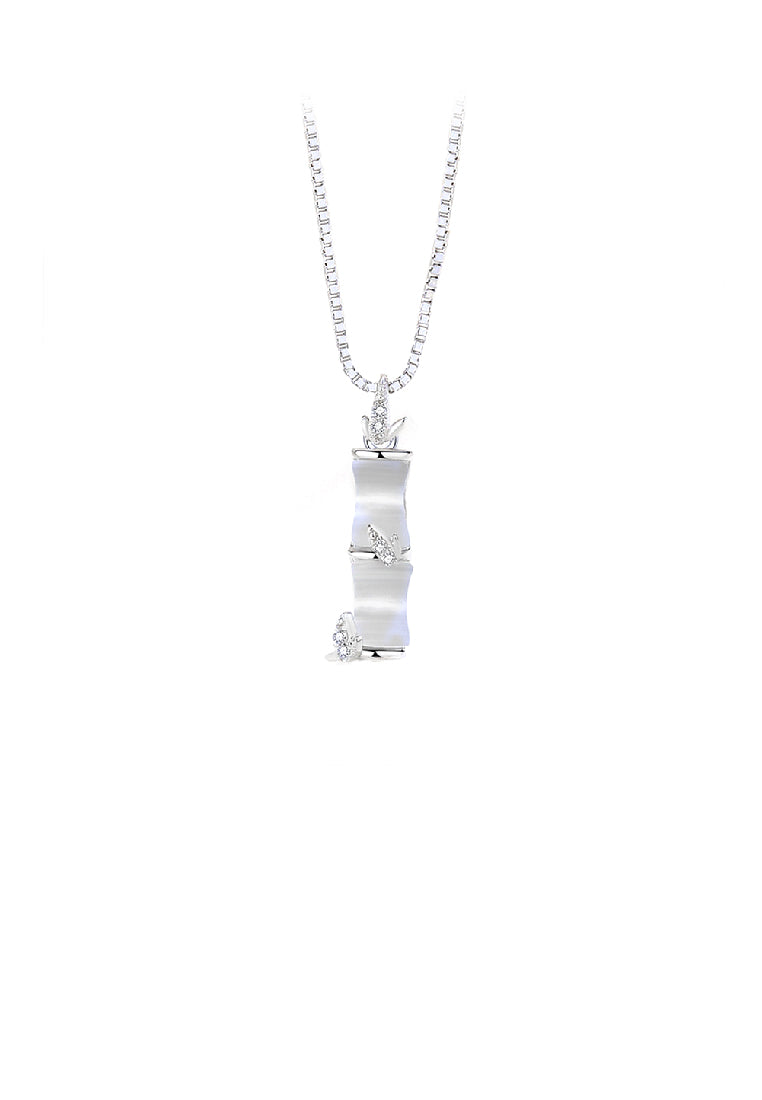 925 Sterling Silver Simple Vintage Bamboo Imitation Opal Pendant with Cubic Zirconia and Necklace - Luxurious Look