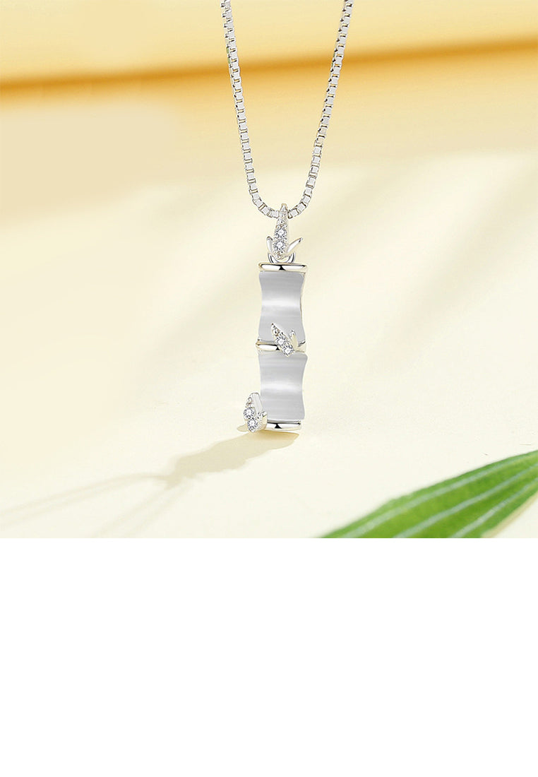 925 Sterling Silver Simple Vintage Bamboo Imitation Opal Pendant with Cubic Zirconia and Necklace - Luxurious Look