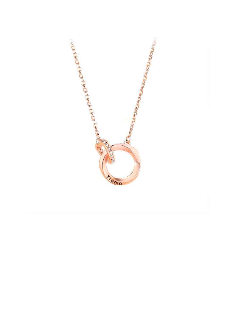 925 Sterling Silver Plated Rose Gold Fashion Romantic Heart-Shaped Mobius Double Ring Pendant with Cubic Zirconia and Necklace - Luxurious Look