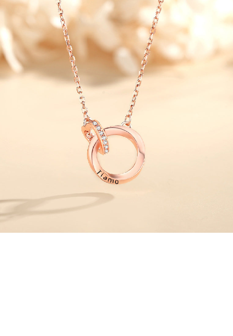 925 Sterling Silver Plated Rose Gold Fashion Romantic Heart-Shaped Mobius Double Ring Pendant with Cubic Zirconia and Necklace - Luxurious Look