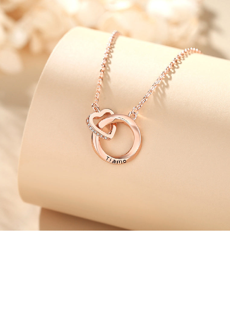 925 Sterling Silver Plated Rose Gold Fashion Romantic Heart-Shaped Mobius Double Ring Pendant with Cubic Zirconia and Necklace - Luxurious Look