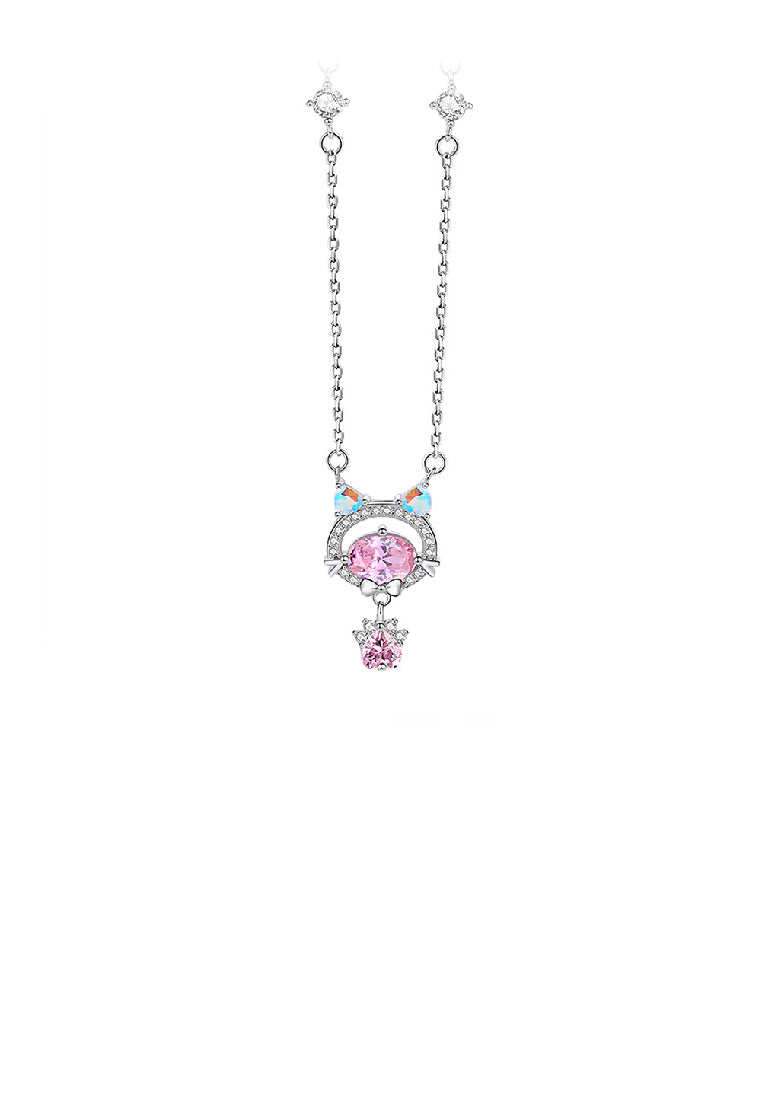 925 Sterling Silver Cute and Sweet Cat Paw Pendant with Pink Cubic Zirconia and Necklace - Luxurious Look - Vibrant Color