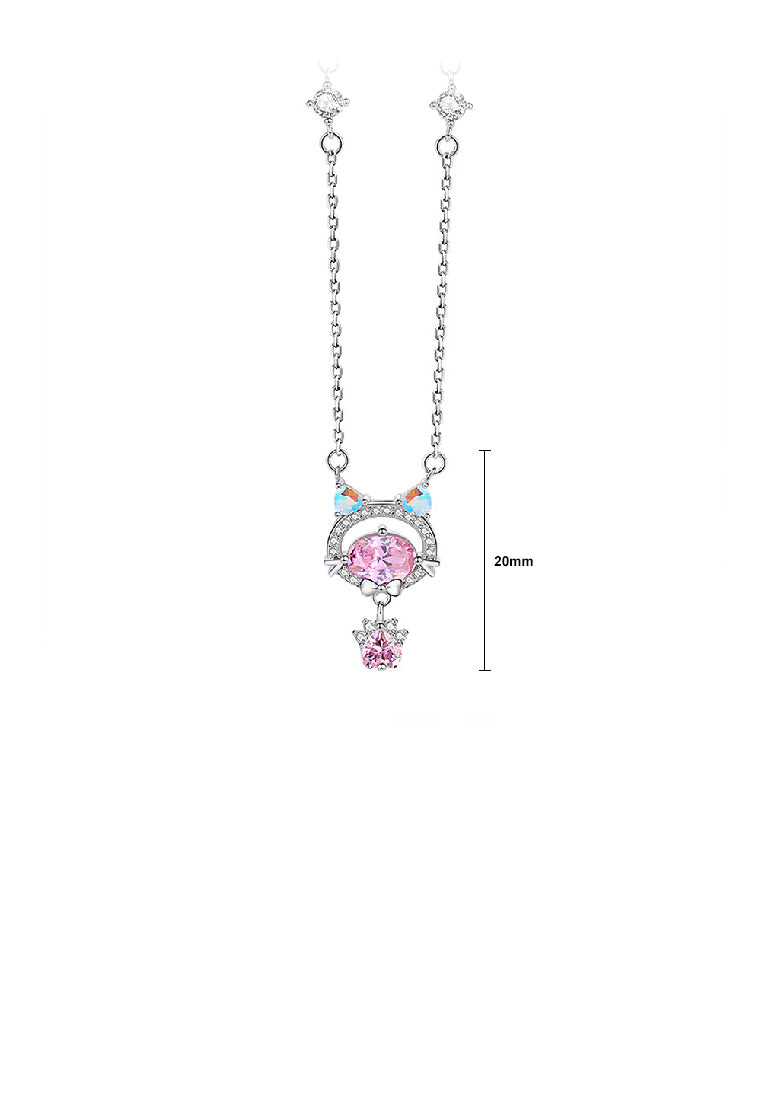 925 Sterling Silver Cute and Sweet Cat Paw Pendant with Pink Cubic Zirconia and Necklace - Luxurious Look - Vibrant Color