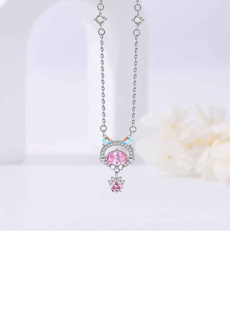 925 Sterling Silver Cute and Sweet Cat Paw Pendant with Pink Cubic Zirconia and Necklace - Luxurious Look - Vibrant Color