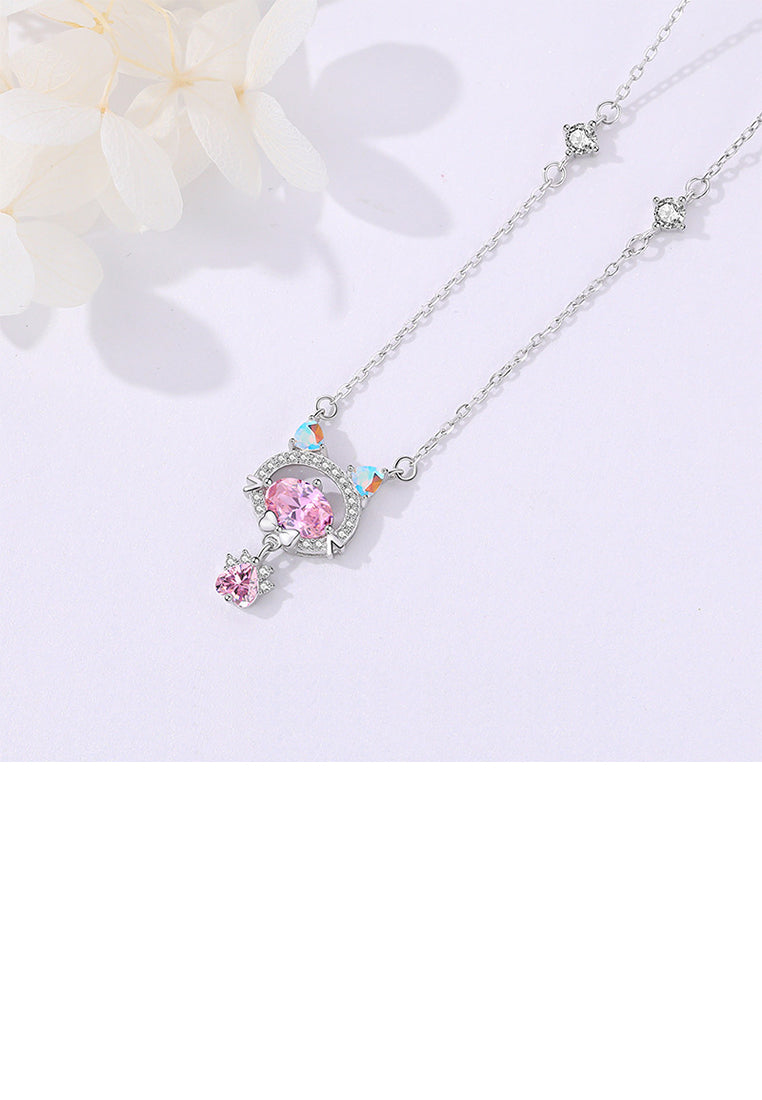 925 Sterling Silver Cute and Sweet Cat Paw Pendant with Pink Cubic Zirconia and Necklace - Luxurious Look - Vibrant Color