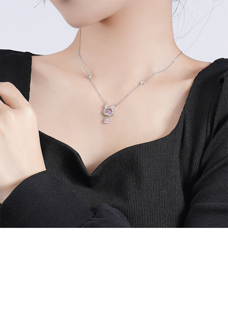 925 Sterling Silver Cute and Sweet Cat Paw Pendant with Pink Cubic Zirconia and Necklace - Luxurious Look - Vibrant Color