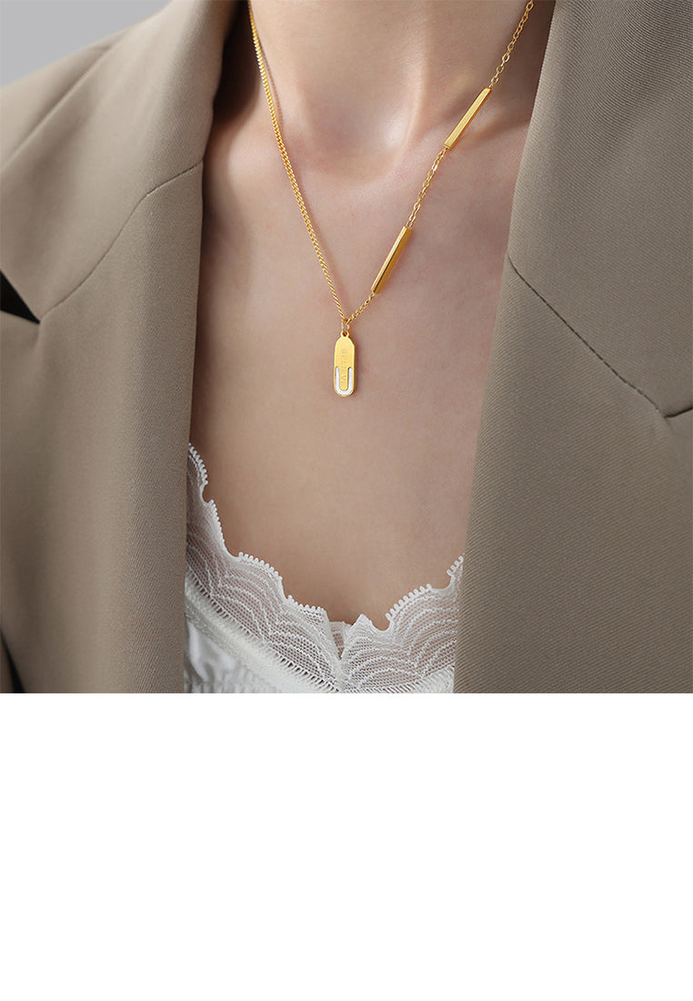 Simple and Fashion Plated Gold 316L Stainless Steel Geometric Oval Pendant with Necklace