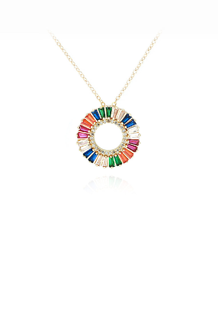 Fashion Brilliant Plated Gold Hollow Circle Geometric Pendant with Colorful Cubic Zirconia and Necklace - Luxurious Look