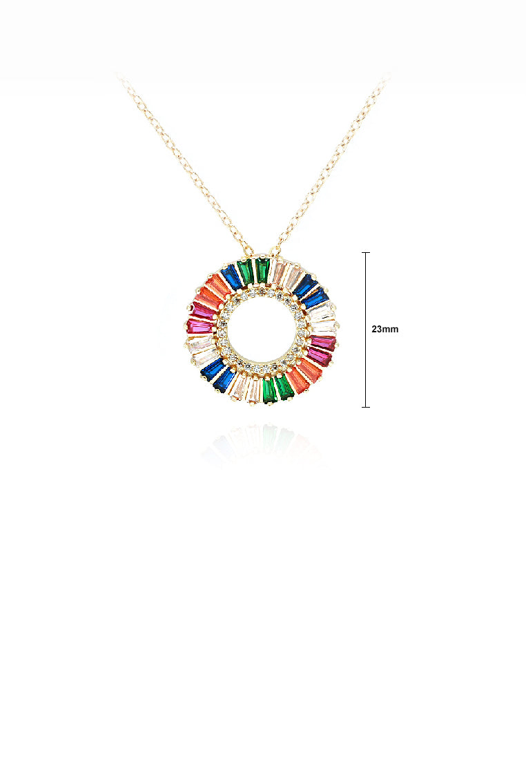 Fashion Brilliant Plated Gold Hollow Circle Geometric Pendant with Colorful Cubic Zirconia and Necklace - Luxurious Look