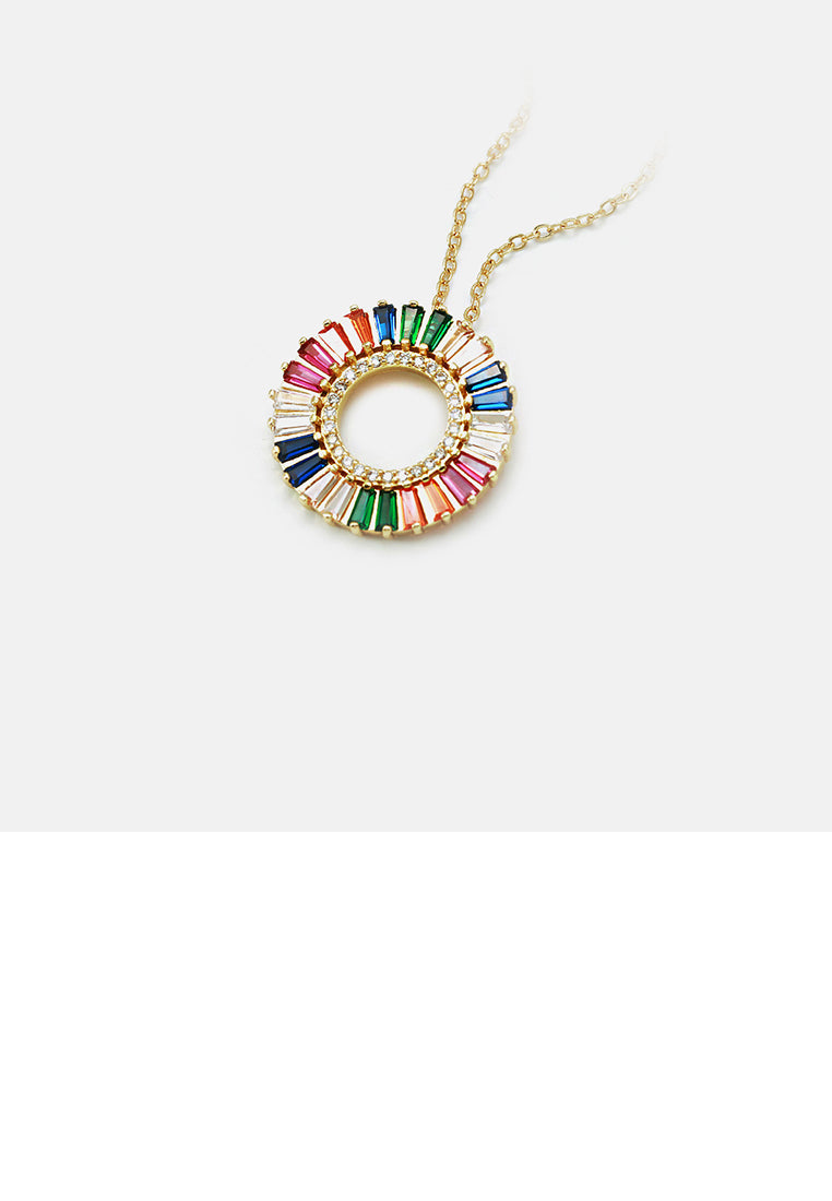 Fashion Brilliant Plated Gold Hollow Circle Geometric Pendant with Colorful Cubic Zirconia and Necklace - Luxurious Look