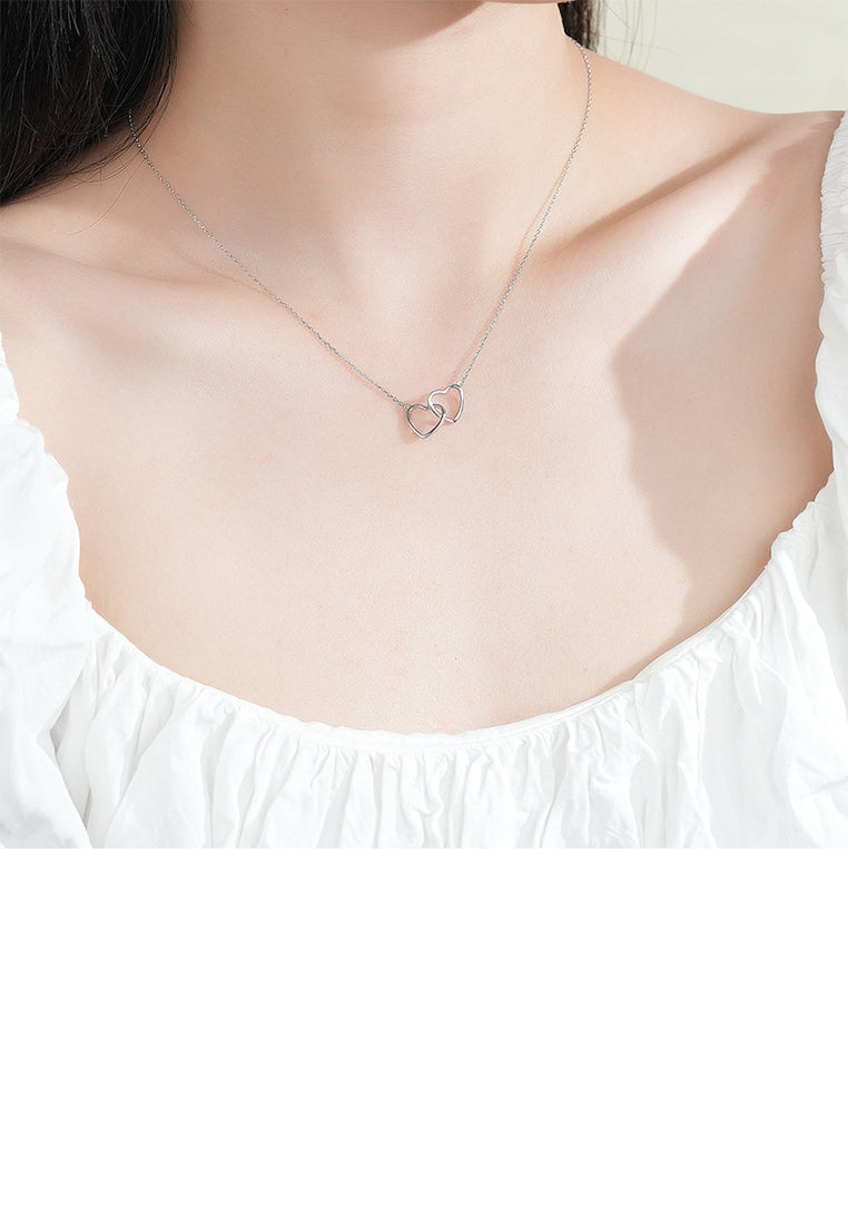 925 Sterling Silver Simple Fashion Hollow Double Heart Pendant with Necklace