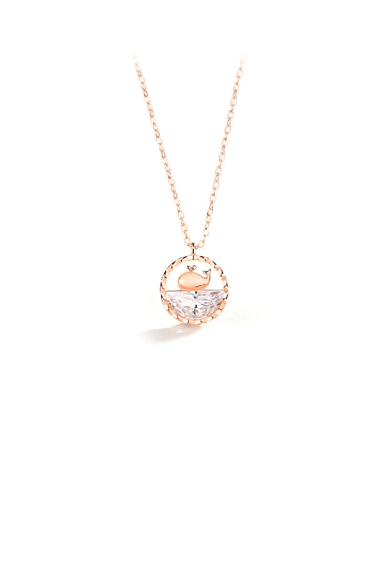 925 Sterling Silver Plated Rose Gold Fashion Cute Whale Hollow Geometric Pendant with Cubic Zirconia and Necklace - Luxurious Look