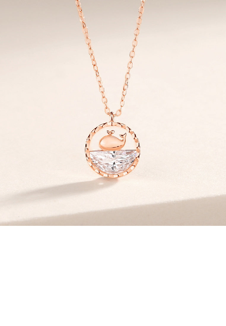 925 Sterling Silver Plated Rose Gold Fashion Cute Whale Hollow Geometric Pendant with Cubic Zirconia and Necklace - Luxurious Look