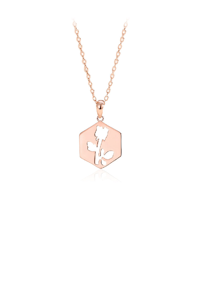 925 Sterling Silver Plated Rose Gold Hollow Rose Geometric Pendant with Necklace