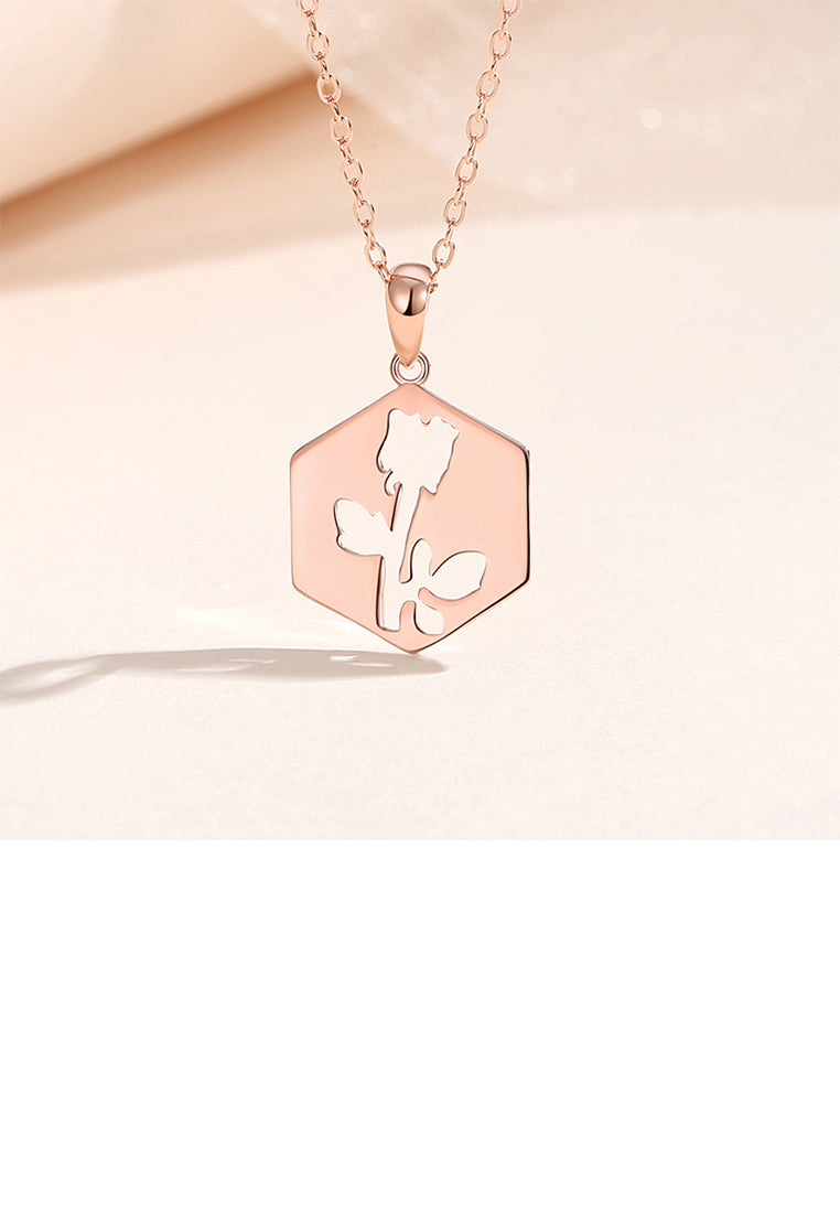 925 Sterling Silver Plated Rose Gold Hollow Rose Geometric Pendant with Necklace