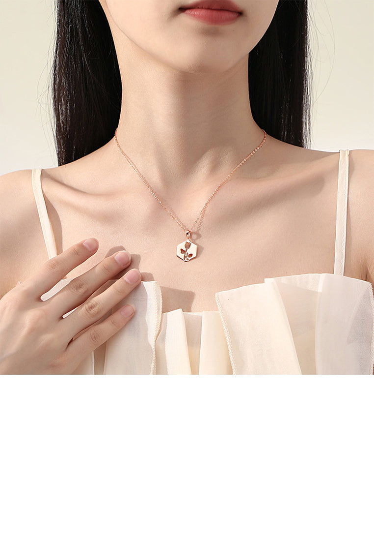 925 Sterling Silver Plated Rose Gold Hollow Rose Geometric Pendant with Necklace