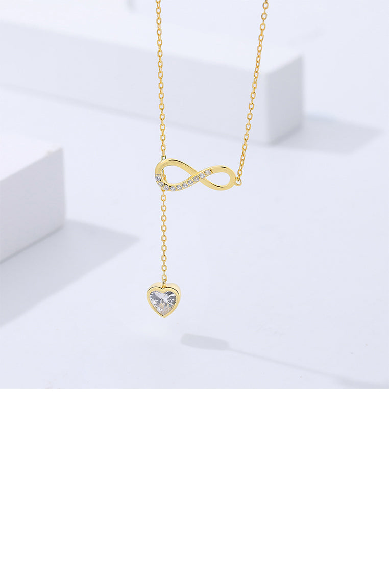 925 Sterling Silver Plated Gold Fashion Simple Infinity Symbol Heart Tassel Pendant with Cubic Zirconia and Necklace - Luxurious Look