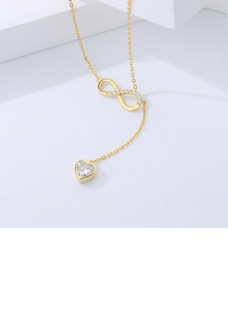 925 Sterling Silver Plated Gold Fashion Simple Infinity Symbol Heart Tassel Pendant with Cubic Zirconia and Necklace - Luxurious Look