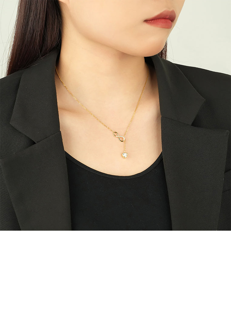 925 Sterling Silver Plated Gold Fashion Simple Infinity Symbol Heart Tassel Pendant with Cubic Zirconia and Necklace - Luxurious Look