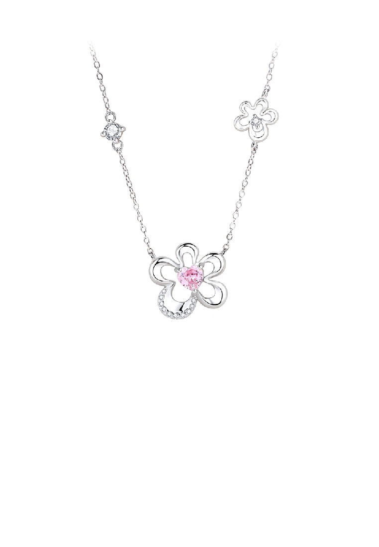 925 Sterling Silver Fashion Simple Hollow Flower Pendant with Pink Cubic Zirconia and Necklace - Luxurious Look - Vibrant Color