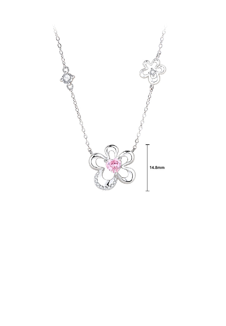925 Sterling Silver Fashion Simple Hollow Flower Pendant with Pink Cubic Zirconia and Necklace - Luxurious Look - Vibrant Color