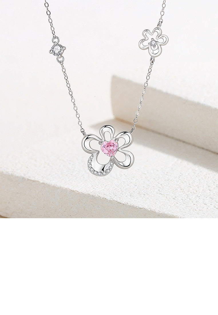 925 Sterling Silver Fashion Simple Hollow Flower Pendant with Pink Cubic Zirconia and Necklace - Luxurious Look - Vibrant Color