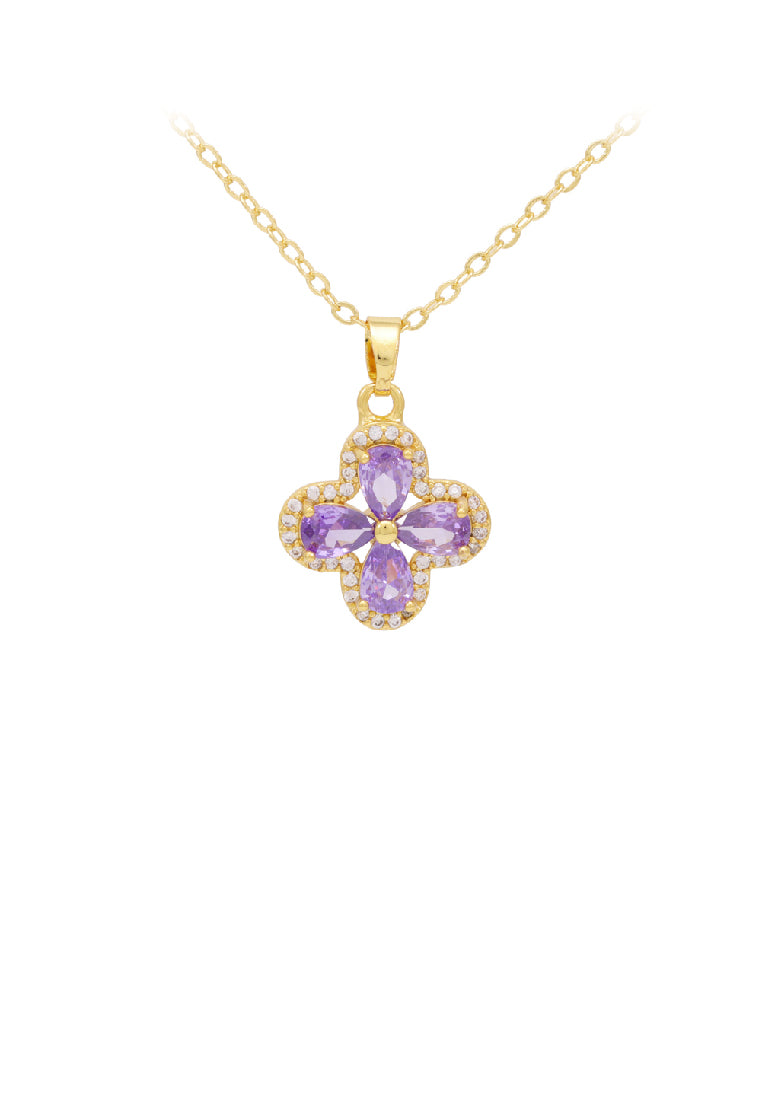 Fashion Brilliant Plated Gold Four-Leafed Clover Pendant with Purple Cubic Zirconia and Necklace - Luxurious Look