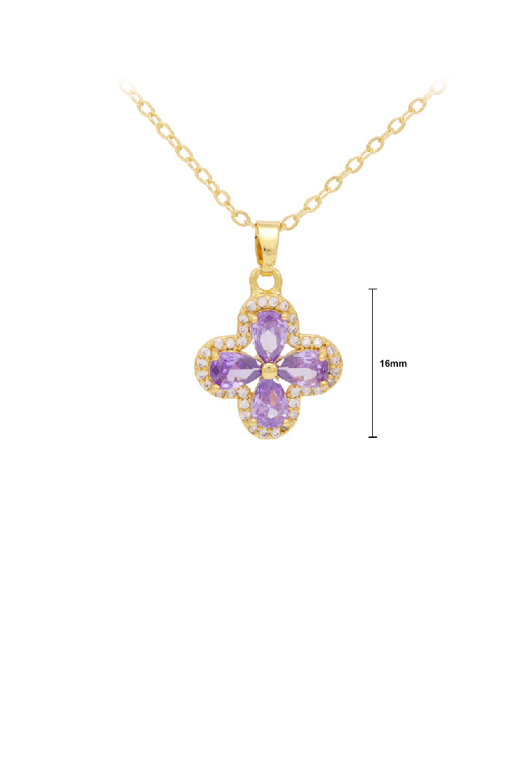 Fashion Brilliant Plated Gold Four-Leafed Clover Pendant with Purple Cubic Zirconia and Necklace - Luxurious Look