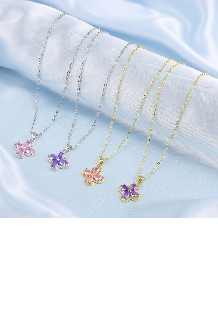 Fashion Brilliant Plated Gold Four-Leafed Clover Pendant with Purple Cubic Zirconia and Necklace - Luxurious Look