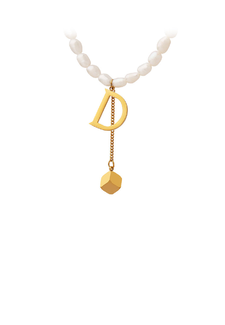 Simple Fashion Plated Gold 316L Stainless Steel English Alphabet D Tassel Square Pendant with Imitation Pearl Necklace - Luxurious Look