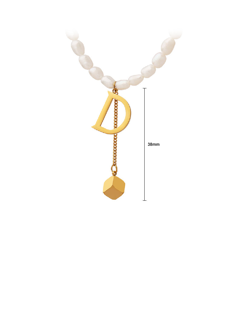 Simple Fashion Plated Gold 316L Stainless Steel English Alphabet D Tassel Square Pendant with Imitation Pearl Necklace - Luxurious Look