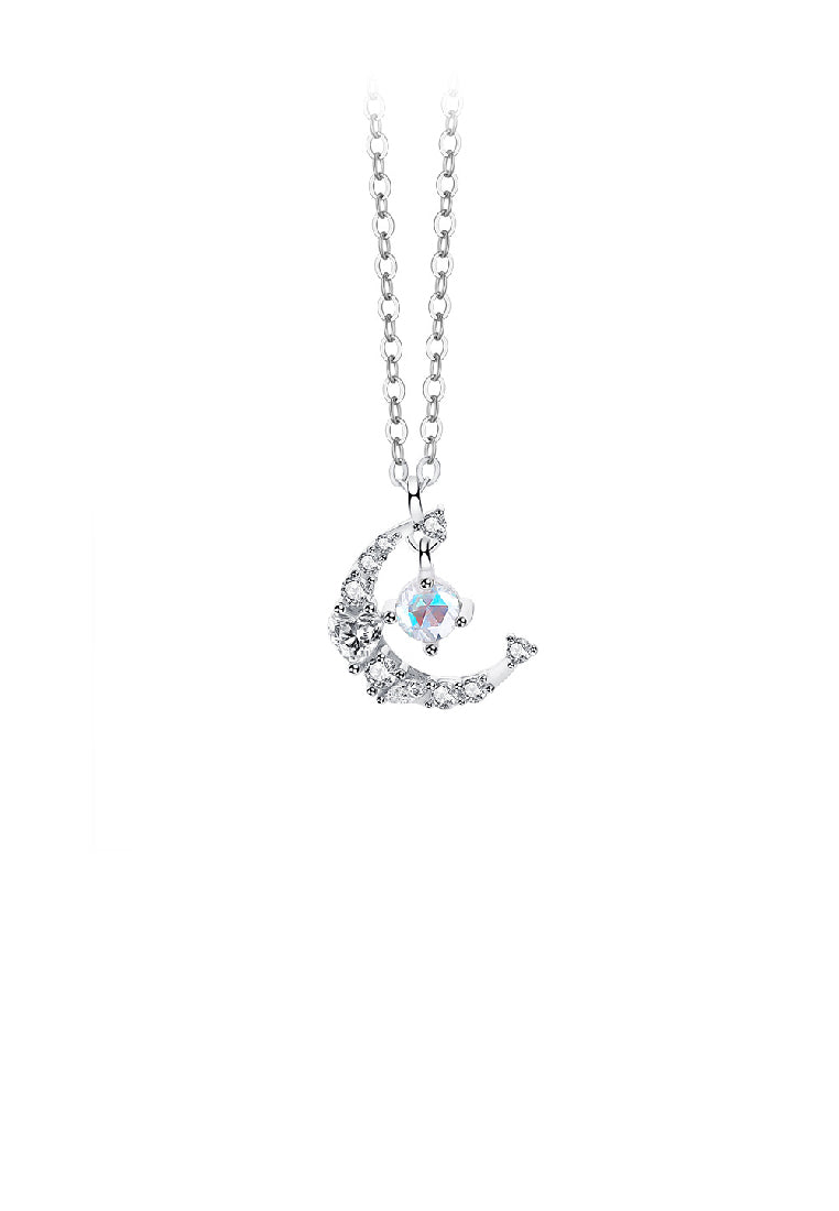 925 Sterling Silver Fashion Bright Moon Pendant with Cubic Zirconia and Necklace - Luxurious Look