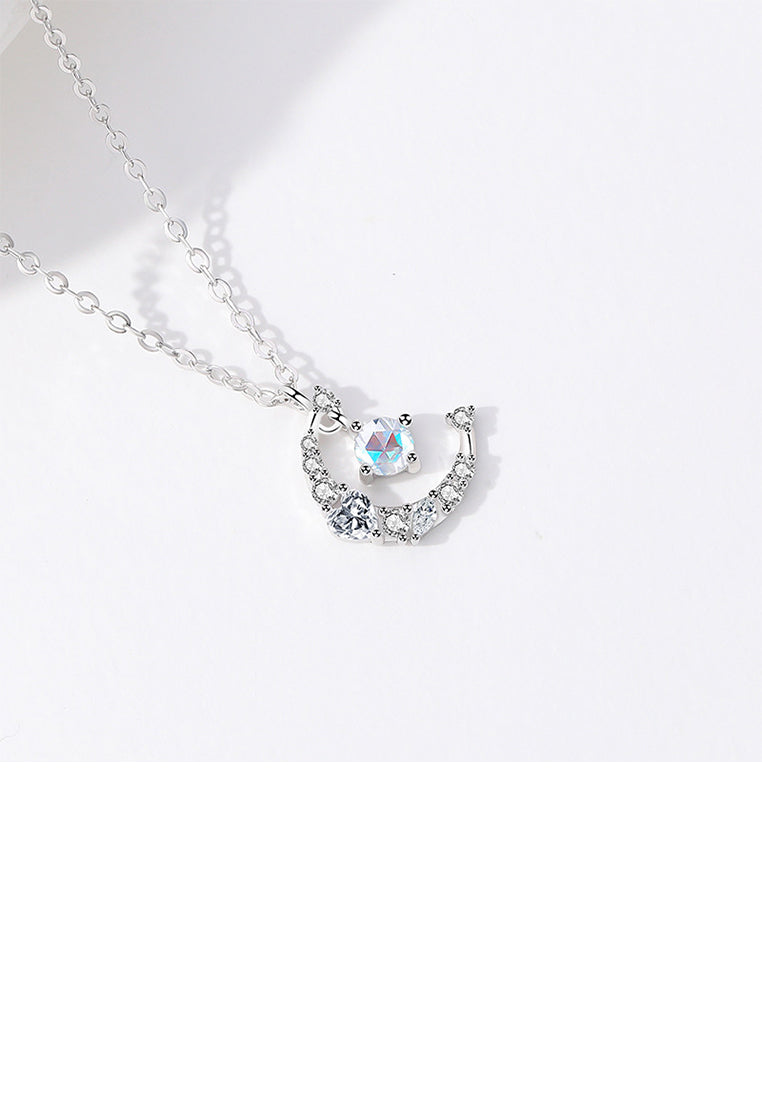 925 Sterling Silver Fashion Bright Moon Pendant with Cubic Zirconia and Necklace - Luxurious Look