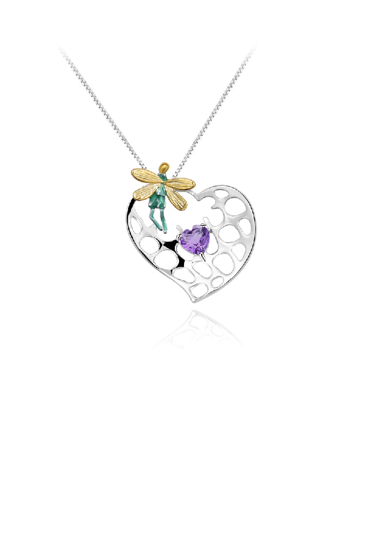 925 Sterling Silver Fashion Creative Elf Hollow Heart Pendant with Amethyst and Necklace