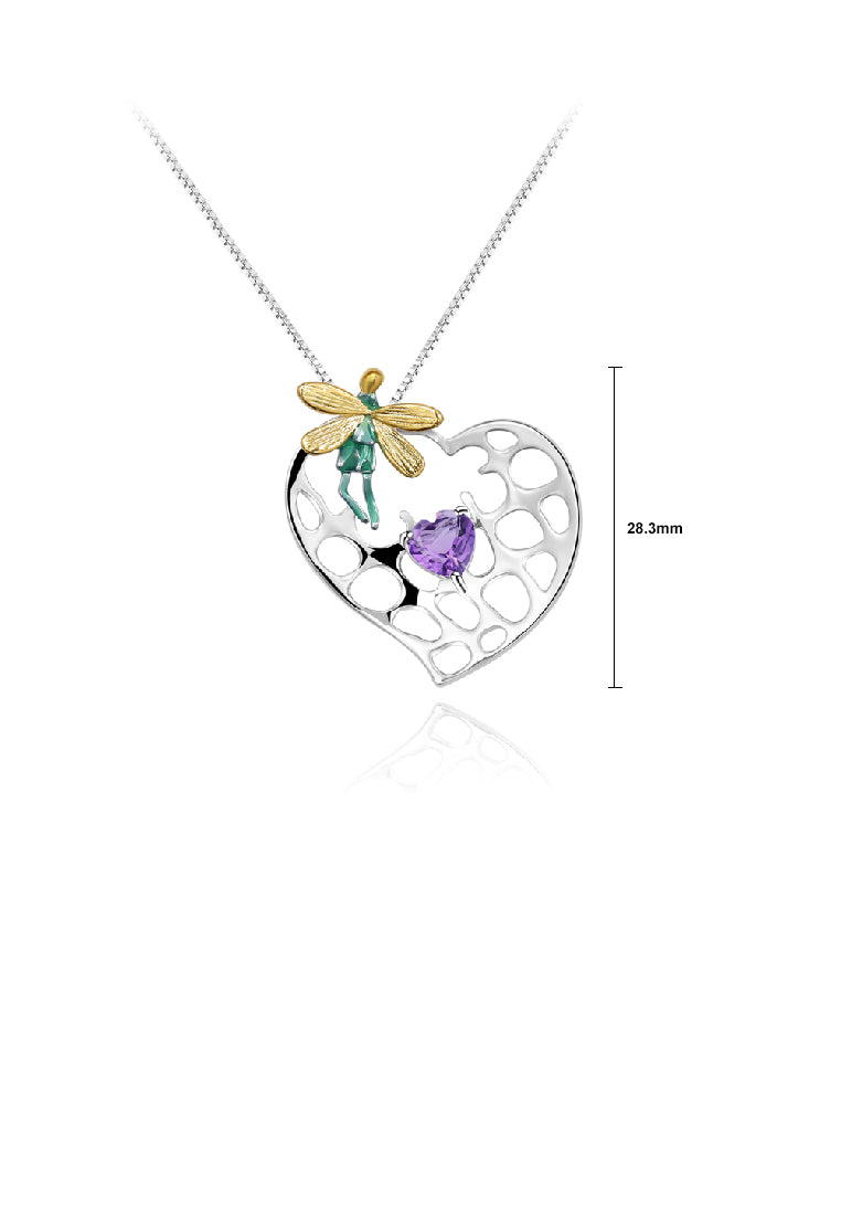 925 Sterling Silver Fashion Creative Elf Hollow Heart Pendant with Amethyst and Necklace