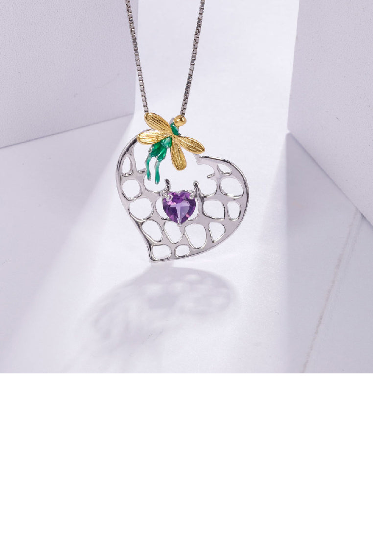 925 Sterling Silver Fashion Creative Elf Hollow Heart Pendant with Amethyst and Necklace