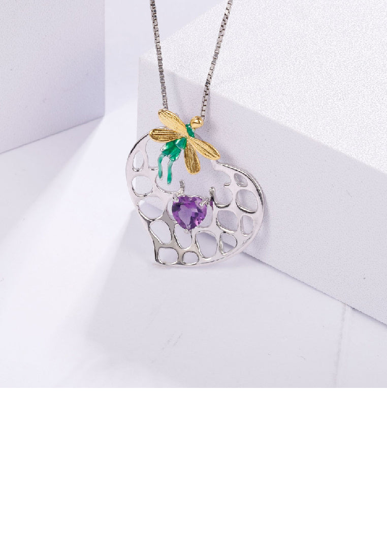 925 Sterling Silver Fashion Creative Elf Hollow Heart Pendant with Amethyst and Necklace