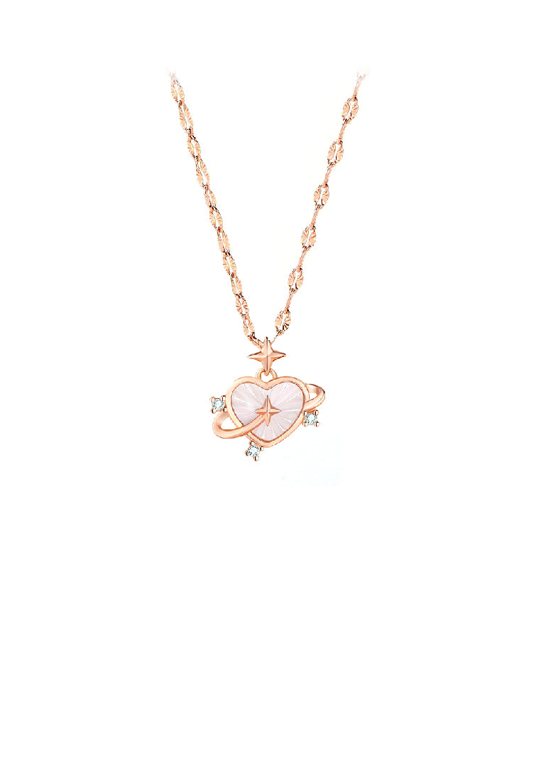 925 Sterling Silver Plated Rose Gold Simple Romantic Star Heart Mother-of-Pearl Pendant with Cubic Zirconia and Necklace - Luxurious Look